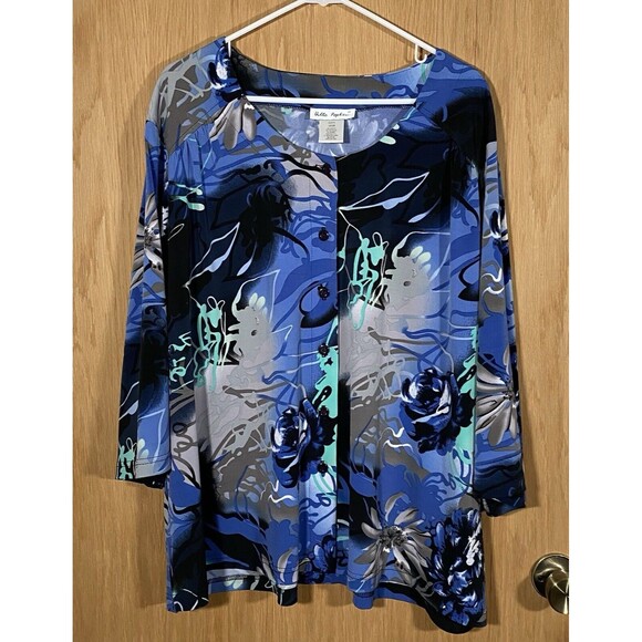 Ulla Popken Top Women's Plus Sz 24/26 Blue Abstract Artsy Stretch Button Down - Picture 1 of 8